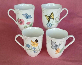 Lenox Mugs 4 Lenox Butterfly Meadow Louise De Luyer for Lenox Variety of Flowers with Butterflies and Lady Bug Mugs MINT