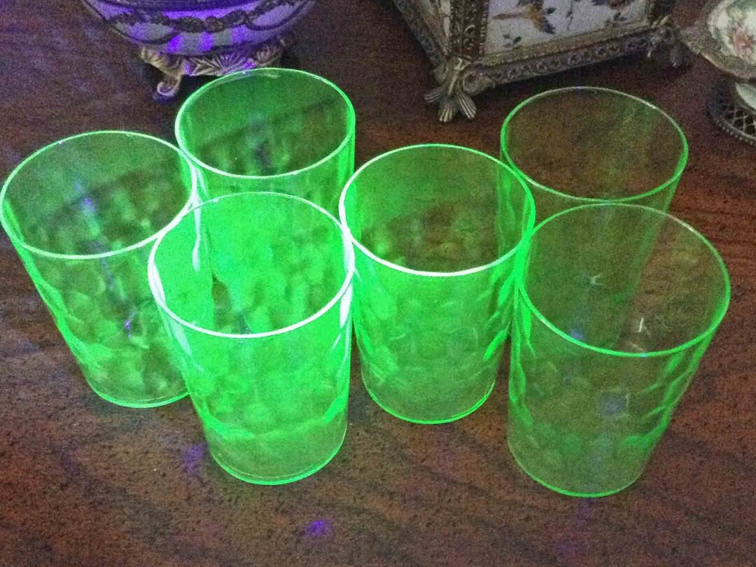 Vaseline Glass hex Optic Green Flat Tumblers 6 Green Depression Vaseline