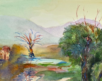 Watercolor Blue Ridge Landscape, 8 x 10” Colorful Landscape,Imaginary Landscape, Trees and Mountain Watercolor