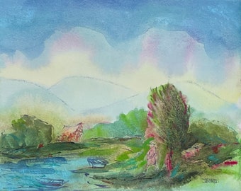 Landscape Clouds and Trees  , Pastel Colors Watercolor, Small artworks 9”x11” Wall Decoration, One of a Kind