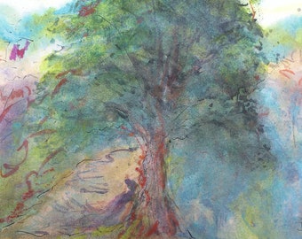 Landscape, Poet’s Tree,  8”x10” Watercolor Painting, Impressionist, Pastel Colors, Art Wall Decoration