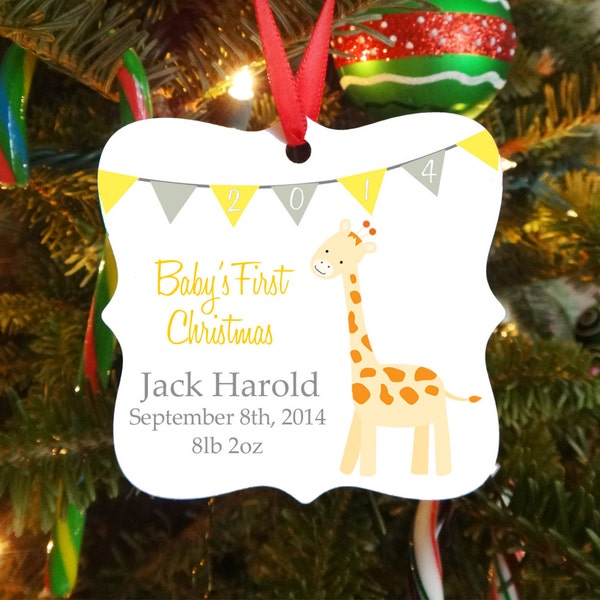 Baby's First Christmas Ornament - Choose Your Colors and Background Pattern - Large Giraffe With Yellow