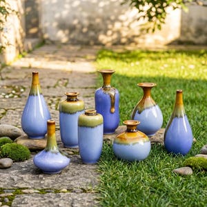 Puede incluir: Conjunto de jarrones de cerámica hechos a mano, de diversas formas, con un esmalte azul claro y detalles en marrón y amarillo. Los jarrones están colocados sobre una superficie de piedra, con hierba y musgo en el fondo. Medidas en centímetros.