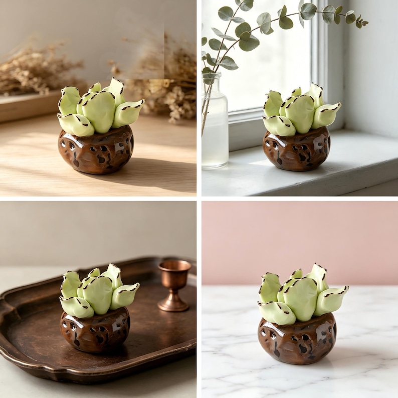 May include: A ceramic succulent figurine featuring pale green, rounded leaves with dark brown edges, set into a textured, dark brown, rounded pot with irregular indentations. The piece has a glossy finish and a compact, sculptural form.