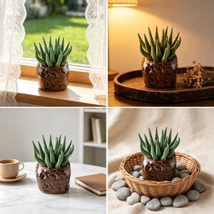 May include: A green succulent plant potted in a dark brown ceramic container with a textured, faceted surface. The plant features numerous pointed, upright leaves arranged in a dense cluster, while the pot has a glossy, irregular finish.