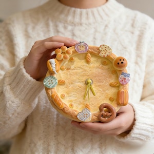 May include: A whimsical clock with a bread-themed design. The clock face is textured to resemble bread, with various baked goods like pretzels, rolls, and pastries adorning the perimeter. The clock hands are yellow.