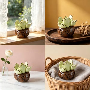 May include: A ceramic succulent sculpture featuring pale green, ruffled leaves with dark brown edges, potted in a glossy, dark brown textured container with irregular indentations. The plant has a rounded, layered appearance.