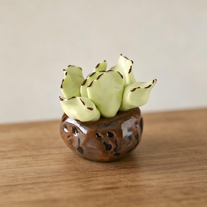 May include: A small ceramic succulent sculpture featuring pale lime green leaves with dark brown edges, potted in a round, textured, dark brown glazed ceramic container with a glossy finish and irregular, dimpled surface details.