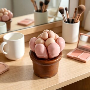 May include: A decorative succulent-shaped object featuring smooth, rounded, glossy segments in shades of pale peach and soft pink, housed in a small, cylindrical, dark brown pot with a polished finish and a slightly flared rim at the top.