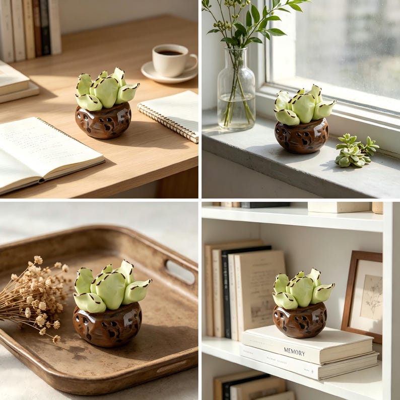 May include: A small ceramic succulent plant featuring pale green, rounded leaves with dark brown edges, potted in a round, dark brown glazed ceramic container with a textured, cut-out pattern around the exterior surface.