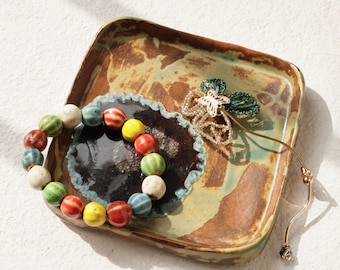 Bandeja de cerámica hecha a mano para joyas, soporte rústico para anillos con efecto de cambio de esmalte, cuenco para llaves.