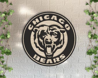 Chicago Bears Wooden Wall Decor, Round Laser Cut Design with Light and Black Wood Layers, Rustic NFL Team Art for Home or Office