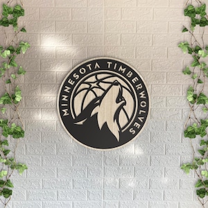 Minnesota Timberwolves Wooden Wall Decor, Round Laser Cut Design with Light and Black Wood Layers, NBA Basketball Art for Home or Office