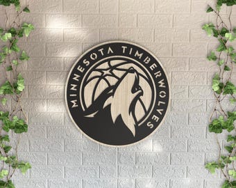 Minnesota Timberwolves Wooden Wall Decor, Round Laser Cut Design with Light and Black Wood Layers, NBA Basketball Art for Home or Office
