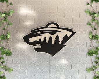 Minnesota Wild Wooden Wall Decor, Round Laser Cut Design with Light and Black Wood Layers, Rustic NHL Hockey Art for Home or Office