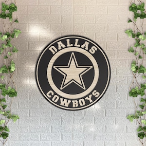 Dallas Cowboys Wooden Wall Decor, Round Laser Cut Design with Light and Black Wood Layers, Rustic NFL Team Art for Home or Office