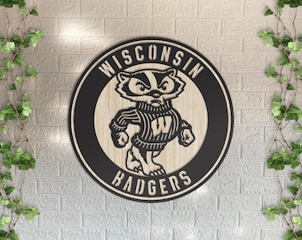 Wisconsin Badgers Wooden Wall Decor, Round Laser Cut Design with Light and Black Wood Layers, Rustic College Sports Art for Home or Office