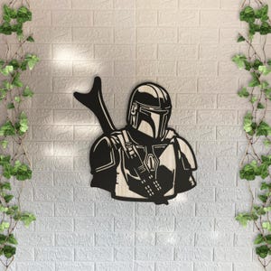 Custom Mandalorian Wooden Wall Decor, Laser Cut Star Wars Design with Light and Black Wood Layers, Rustic Sci-Fi Art for Home or Office