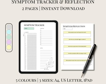 Symptom Tracker and Monthly Reflection | Wellness Journal Printable. 3 Sizes; 5 Colour Options; Digital Health Planner