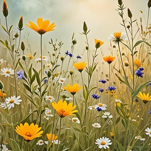 Landscape Wildflower Field Wall Art - Vintage Botanical Oil Painting For Garden Decor