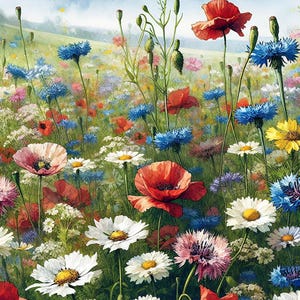 Vintage Landscape Wildflower Field Wall Art - Botanical Oil Painting Available In Different Size