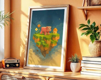 Minecraft-Inspired Floating Pig Poster – Unframed Wall Art, Pixeled Style Poster For Gamer Room