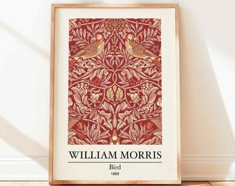William Morris Bird Print: Red Floral, Vintage Arts & Crafts Wall Art