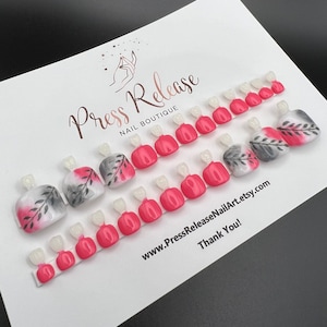 Press On Toe Nails- Pink/Gray Leaves