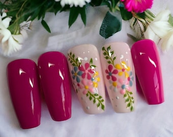 Press on Nails -Raspberry Flowers