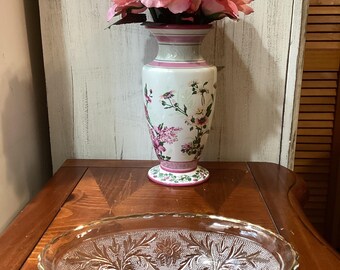 Bol de vidrio prensado vintage con flores y ribete dorado