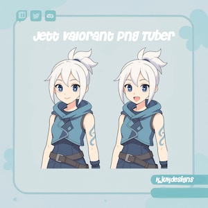 May include: Digital illustration of a white-haired anime character with blue eyes wearing a blue and white outfit. The character is shown in two poses, one with a neutral expression and the other with a smiling expression. The text "Jett Valorant PNG Tuber" is at the top of the image.