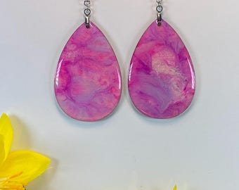 Hand Painted Tear Drop Iridescent Dangle Pendant Earrings