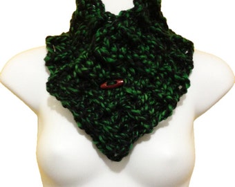 Multi Style Chunky Crochet Basket Weave Button Cowl Neck Warmer Gaiter Green & Black