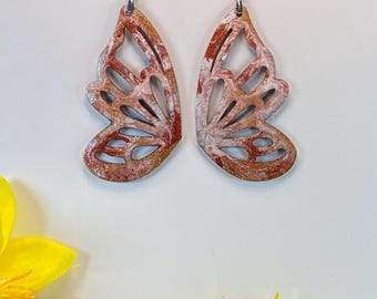 Hand Painted Geometric Cut Out Butterfly Iridescent Dangle Pendant Earrings