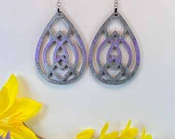 Hand Painted Tear Drop Cut Out Iridescent Dangle Pendant Earrings