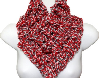 Multi Style Chunky Crochet Basket Weave Button Cowl Neck Warmer Gaiter Red Gray & White