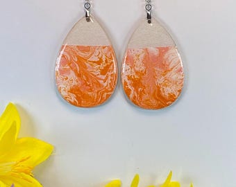 Hand Painted Tear Drop Color Block Iridescent Dangle Pendant Earrings