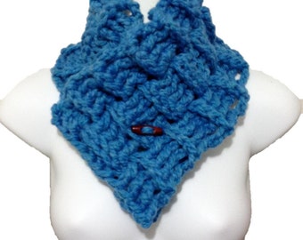 Multi Style Chunky Crochet Basket Weave Button Cowl Neck Warmer Gaiter Sky Blue