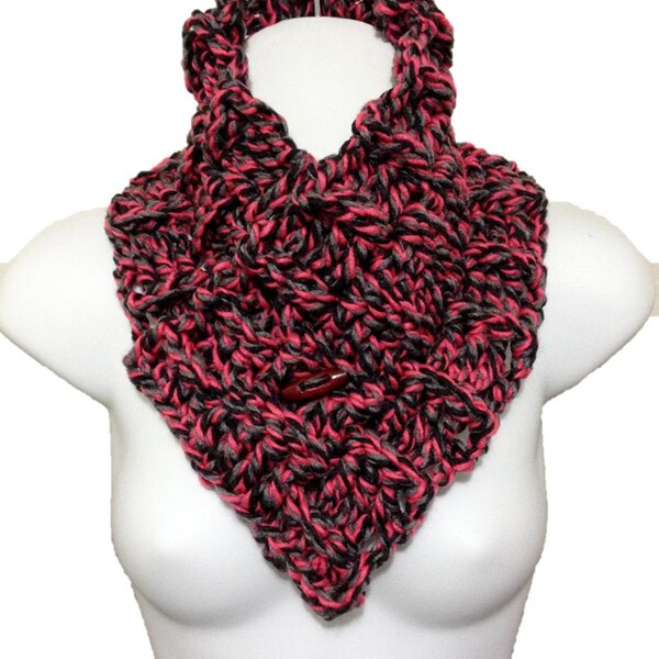 Multi Style Chunky Crochet Basket Weave Button Cowl Neck Warmer Gaiter Pink Gray & Black