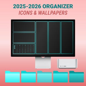 Computer Desktop Wallpaper Organizer Set HD 4K, 2025-2026 Kalender, Map Icon Pack MacBook en Windows, moderne donkere achtergrond voor werk