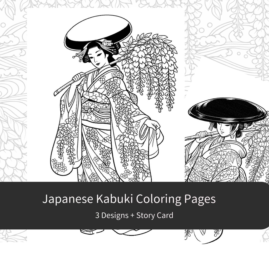 Japanese Kabuki Fuji Musume Coloring Pages - 5 Page Digital Bundle ...