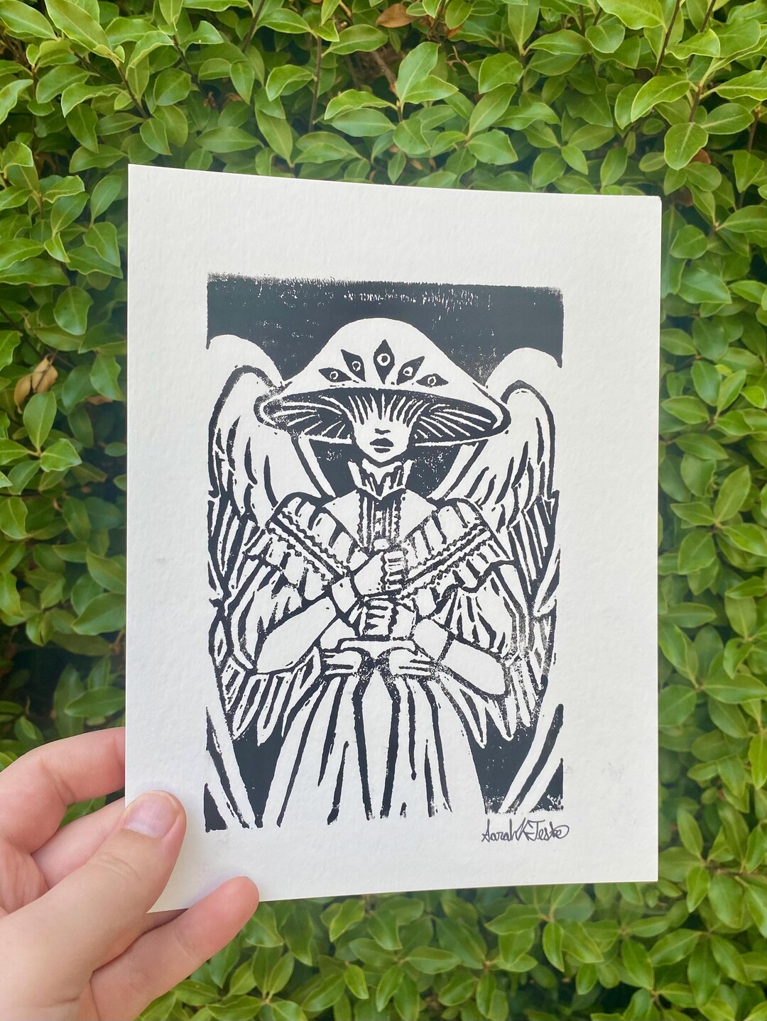 Mushroom Angel Linocut Print - Etsy