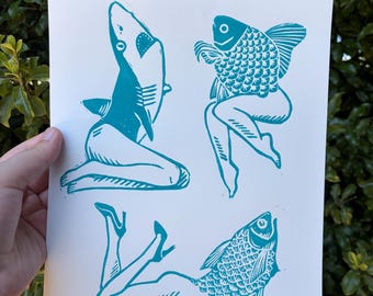 Reverse Mermaids Linocut Print