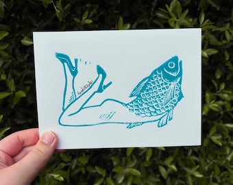 Reverse Mermaid Linocut Print