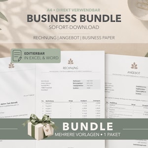 Puede incluir: Un conjunto de plantillas de documentos empresariales en formato A4 que incluye factura, presupuesto y papel de carta. El texto dice Business Bundle, Sofort-Download, Rechnung, Angebot, Business Paper y Editierbar in Excel & Word.