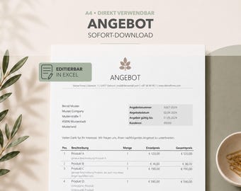 May include: A digital A4 business quote template featuring a clean layout with a central logo, company contact details, and a structured table for itemized product descriptions, quantities, and pricing, with text indicating Excel compatibility.
