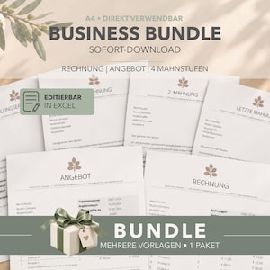 Op de afbeelding: Een zakelijke bundel met A4-documenten, waaronder facturen, offertes en betalingsherinneringen. De pagina's bevatten een klein boomlogo en Duitse tekst. Een groen label toont de tekst EDITIERBAR IN EXCEL en een icoon van een geschenkdoos.
