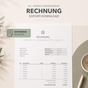 May include: A digital invoice template on A4 paper featuring the text RECHNUNG, SOFORT-DOWNLOAD, and EDITIERBAR IN EXCEL. The document includes a table with columns for description, quantity, unit price, and total price, with a net and gross total.