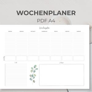 Könnte beinhalten: Ein weißer Wochenplaner mit dem Text "WOCHENPLANER PDF A4" oben. Der Planer hat Abschnitte für jeden Wochentag, eine To-Do-Liste und Notizen. Ein Aquarell-Eukalyptuszweig verziert den unteren Bereich.