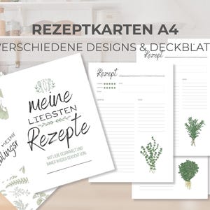 Cartões de receitas | Modelo PDF A4 | diferentes layouts | incluindo folha de rosto | Modelo de receita para impressão em casa | Organização da Cozinha | Imprimível